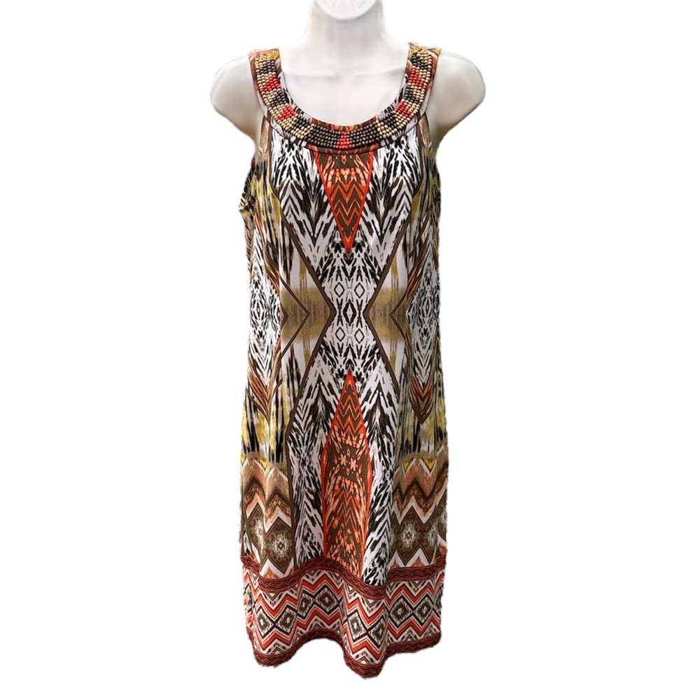 DB Establishel 1962 Women's Beaded Neckline Tribal Print Sleeveless Dress Size 8